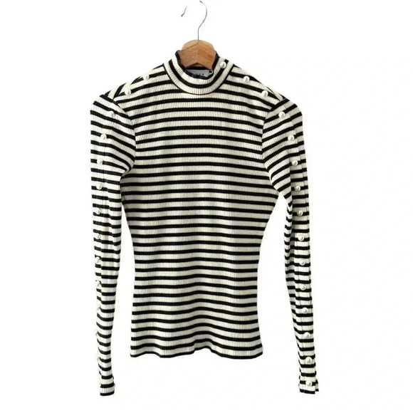 Tanya Taylor Ribbed Stripe Pearl Snap Detail Mockneck - Picture 1 of 7